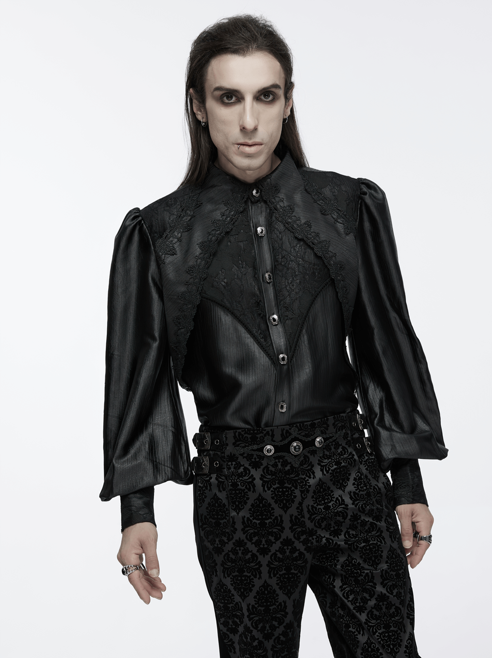 Men's Gothic Black Lace Shirt with Bubble Sleeves
