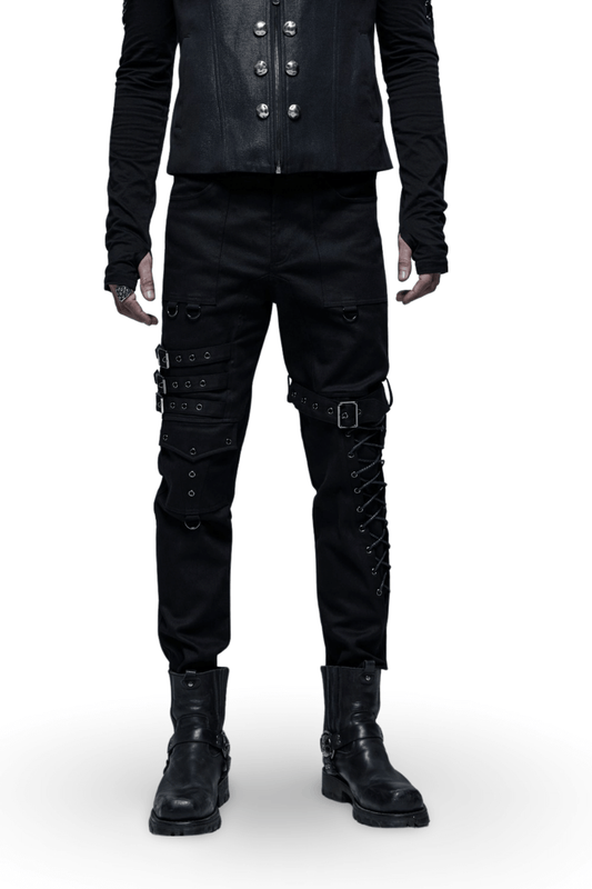 Men's Gothic Cargo Pants with Buckles and Lace-up Detail