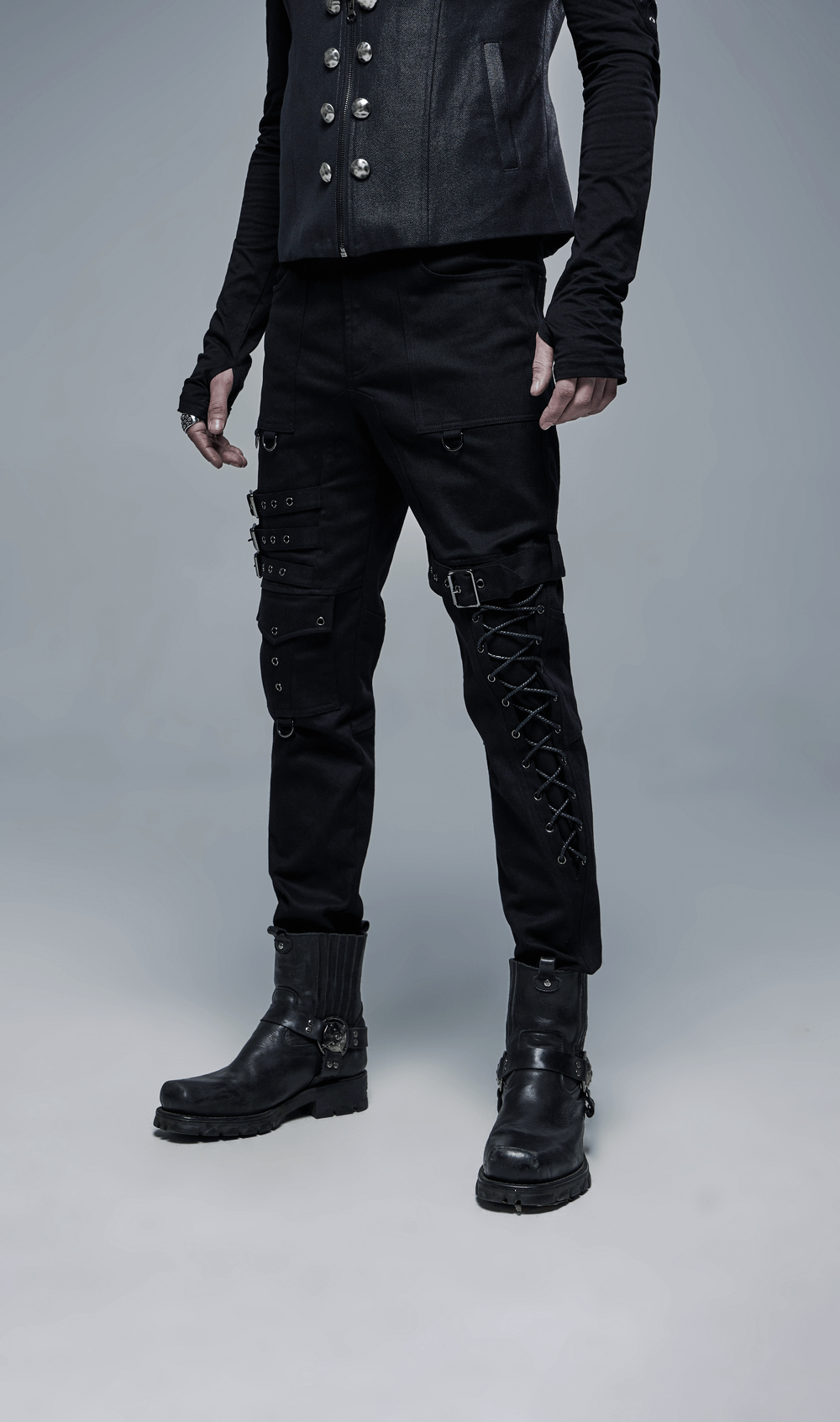 Men's Gothic Cargo Pants with Buckles and Lace-up Detail