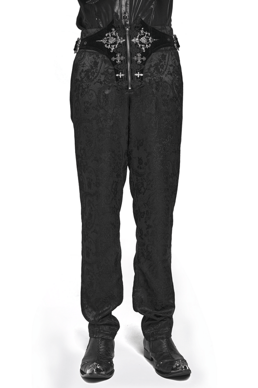 Men's Gothic Embroidered Pants with Lace-Up and Zip Front