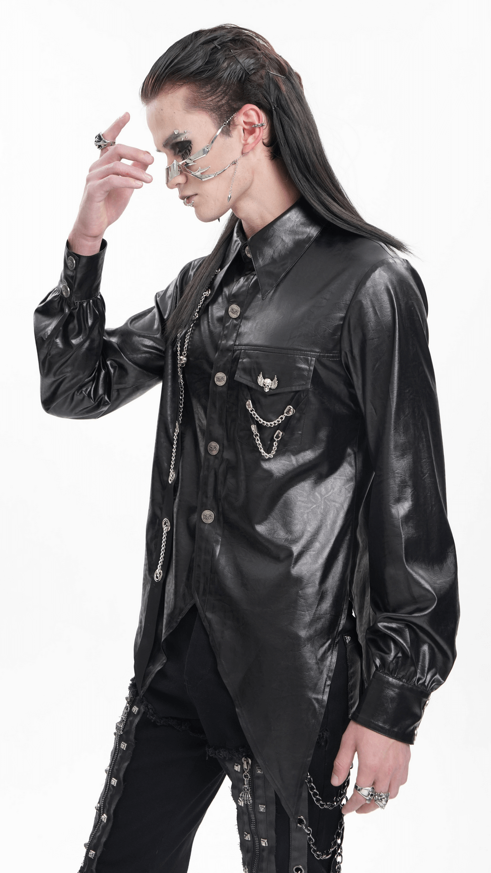 Men's Gothic Faux Leather Shirt with Chain Detail