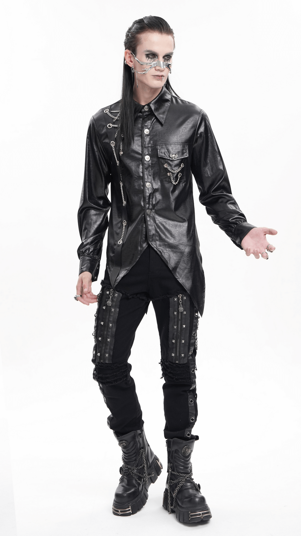 Men's Gothic Faux Leather Shirt with Chain Detail