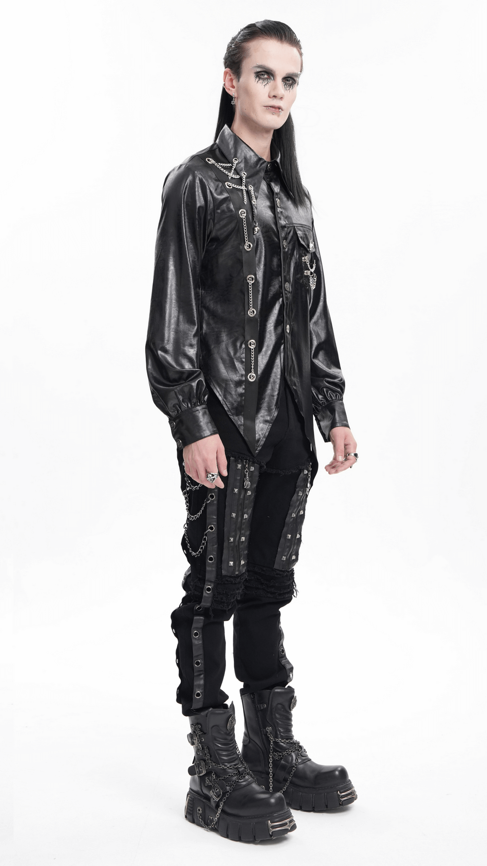 Men's Gothic Faux Leather Shirt with Chain Detail