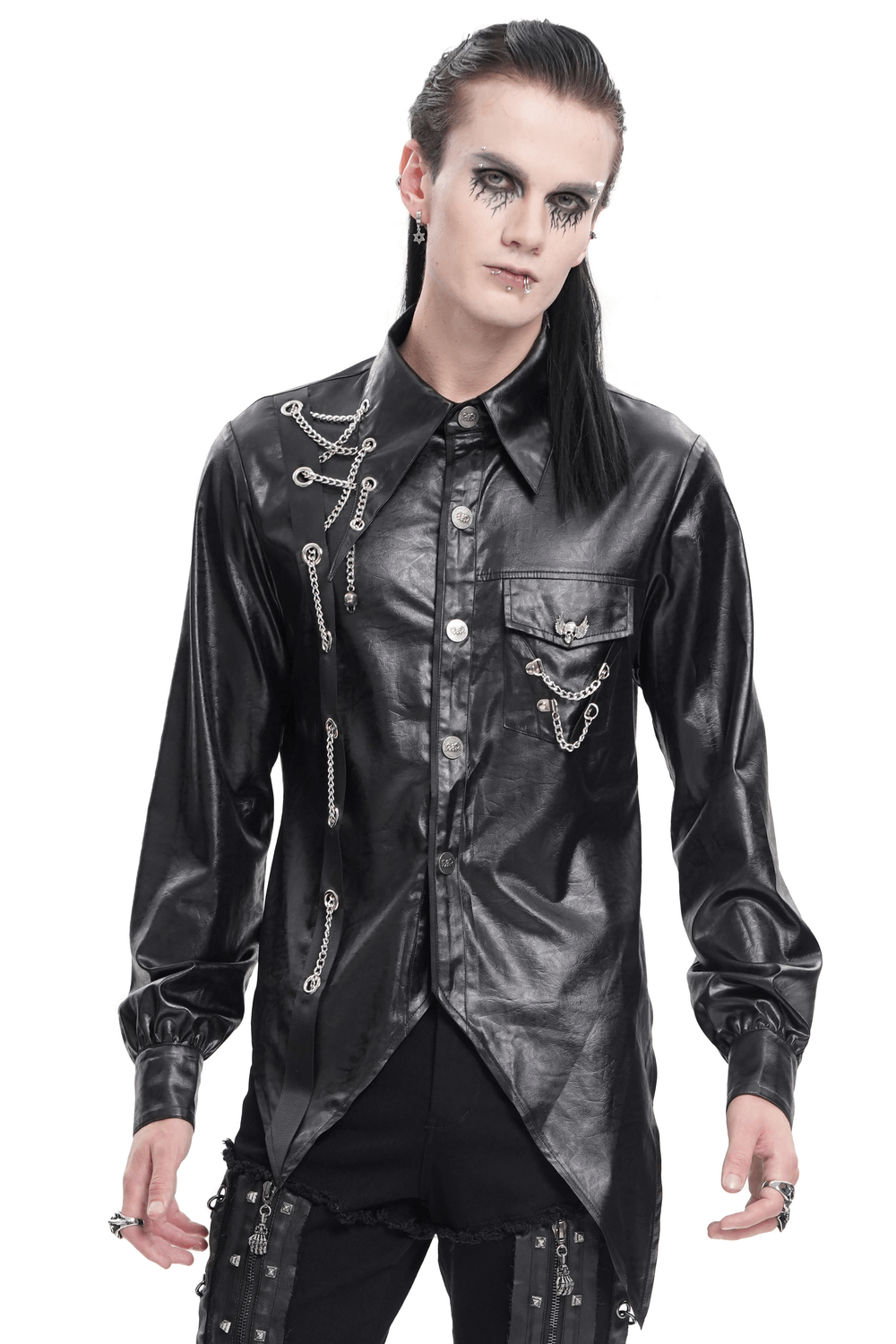 Men's Gothic Faux Leather Shirt with Chain Detail