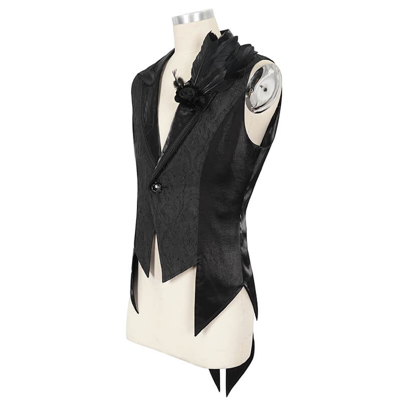 Men's Gothic Feather Swallow-tailed Waistcoat / Retro Black Waistcoat with Lapel Collar