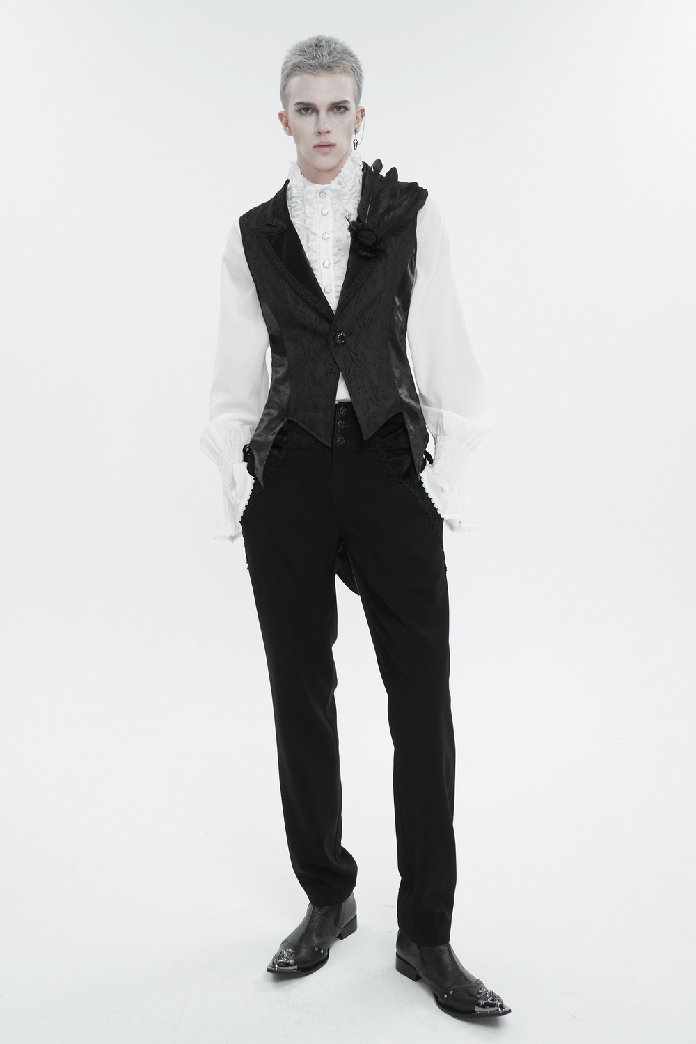 Men's Gothic Feather Swallow-tailed Waistcoat / Retro Black Waistcoat with Lapel Collar