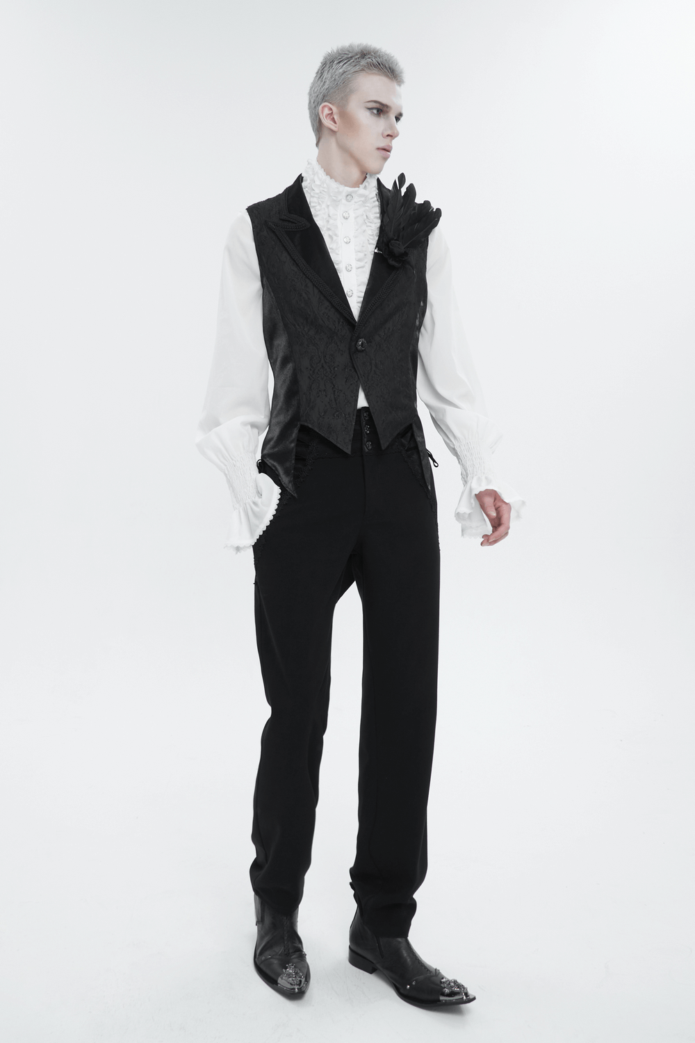 Men's Gothic Feather Swallow-tailed Waistcoat / Retro Black Waistcoat with Lapel Collar