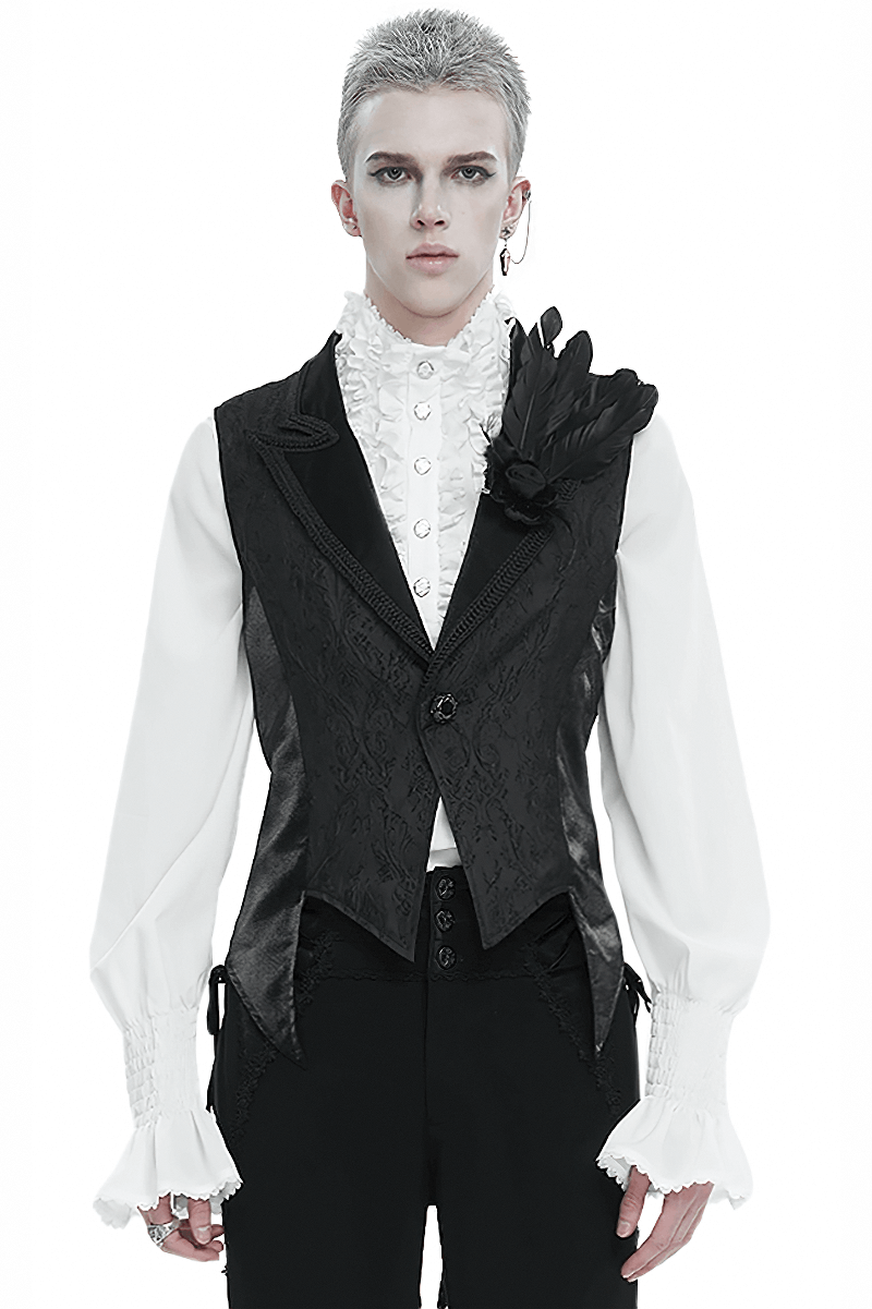 Men's Gothic Feather Swallow-tailed Waistcoat / Retro Black Waistcoat with Lapel Collar