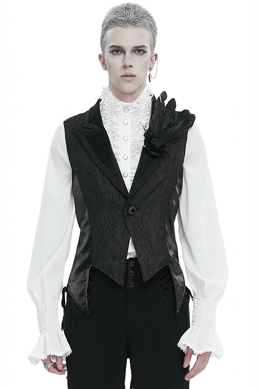 Men's Gothic Feather Swallow-tailed Waistcoat / Retro Black Waistcoat with Lapel Collar