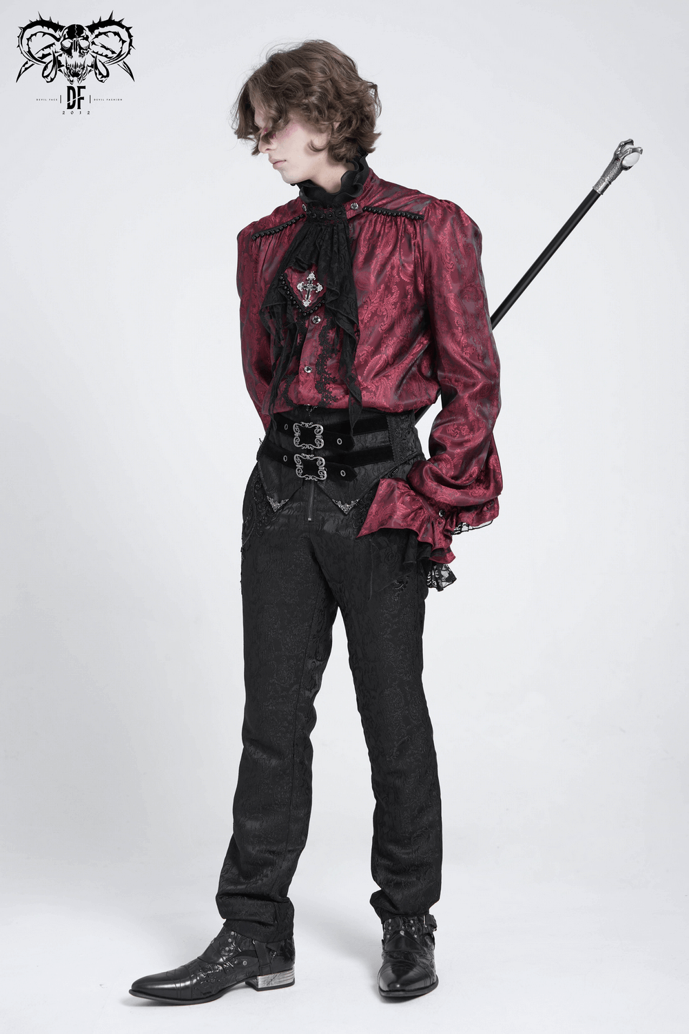 Men's Gothic Jacquard Pants with Buckles and Velvet Waist