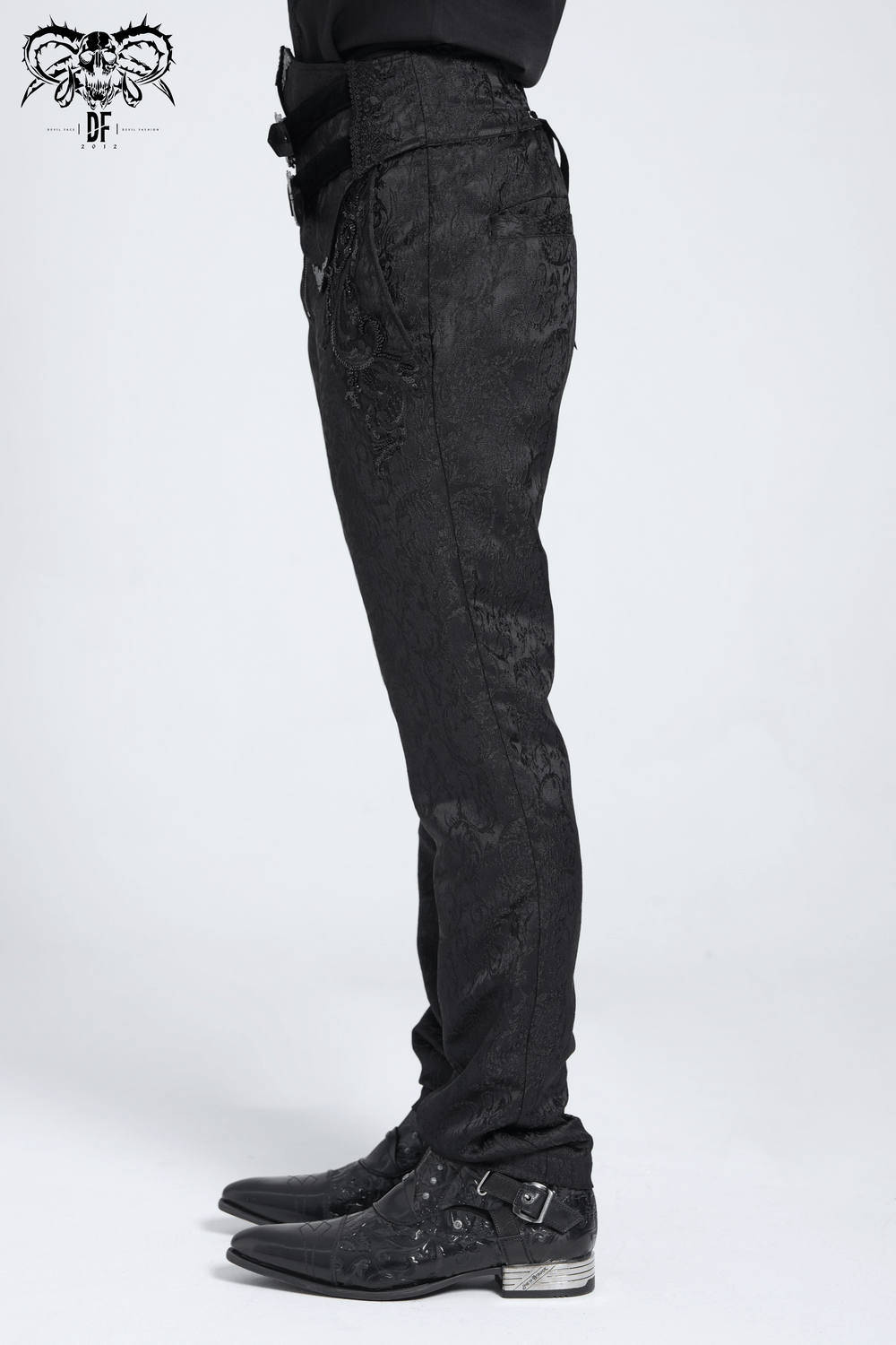 Men's Gothic Jacquard Pants with Buckles and Velvet Waist
