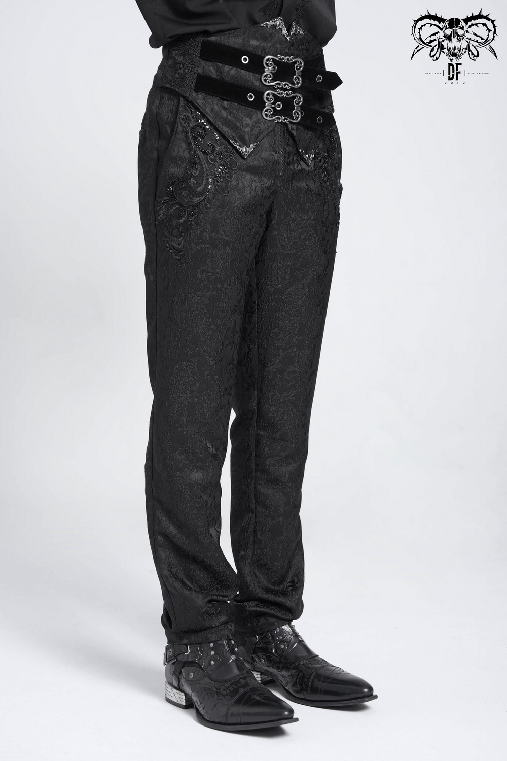 Men's Gothic Jacquard Pants with Buckles and Velvet Waist