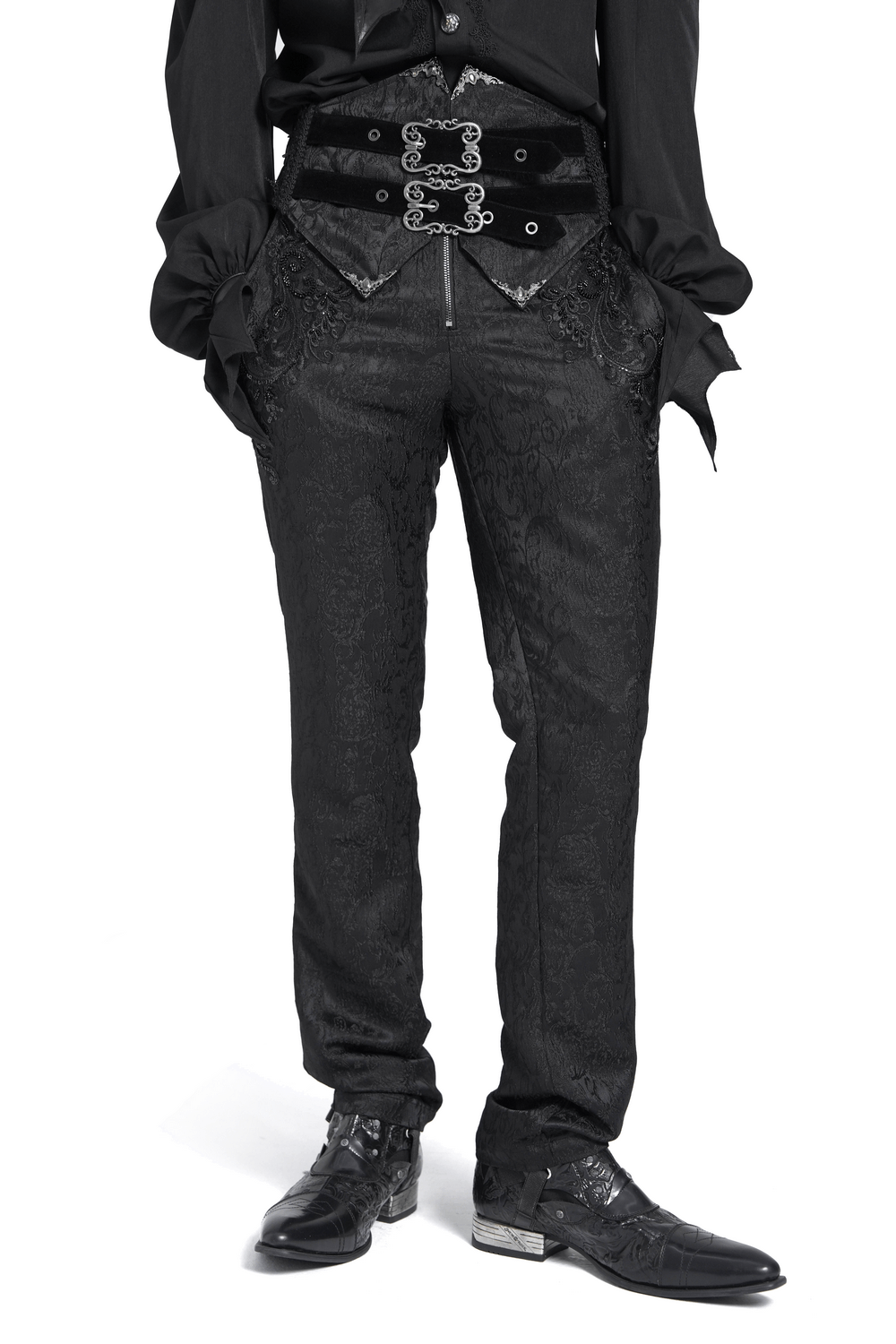 Men's Gothic Jacquard Pants with Buckles and Velvet Waist