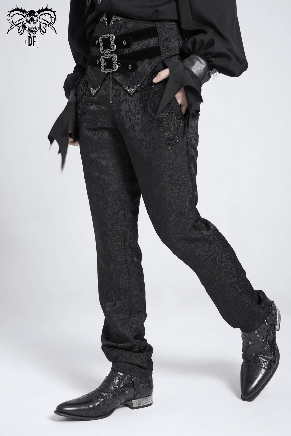 Men's Gothic Jacquard Pants with Buckles and Velvet Waist