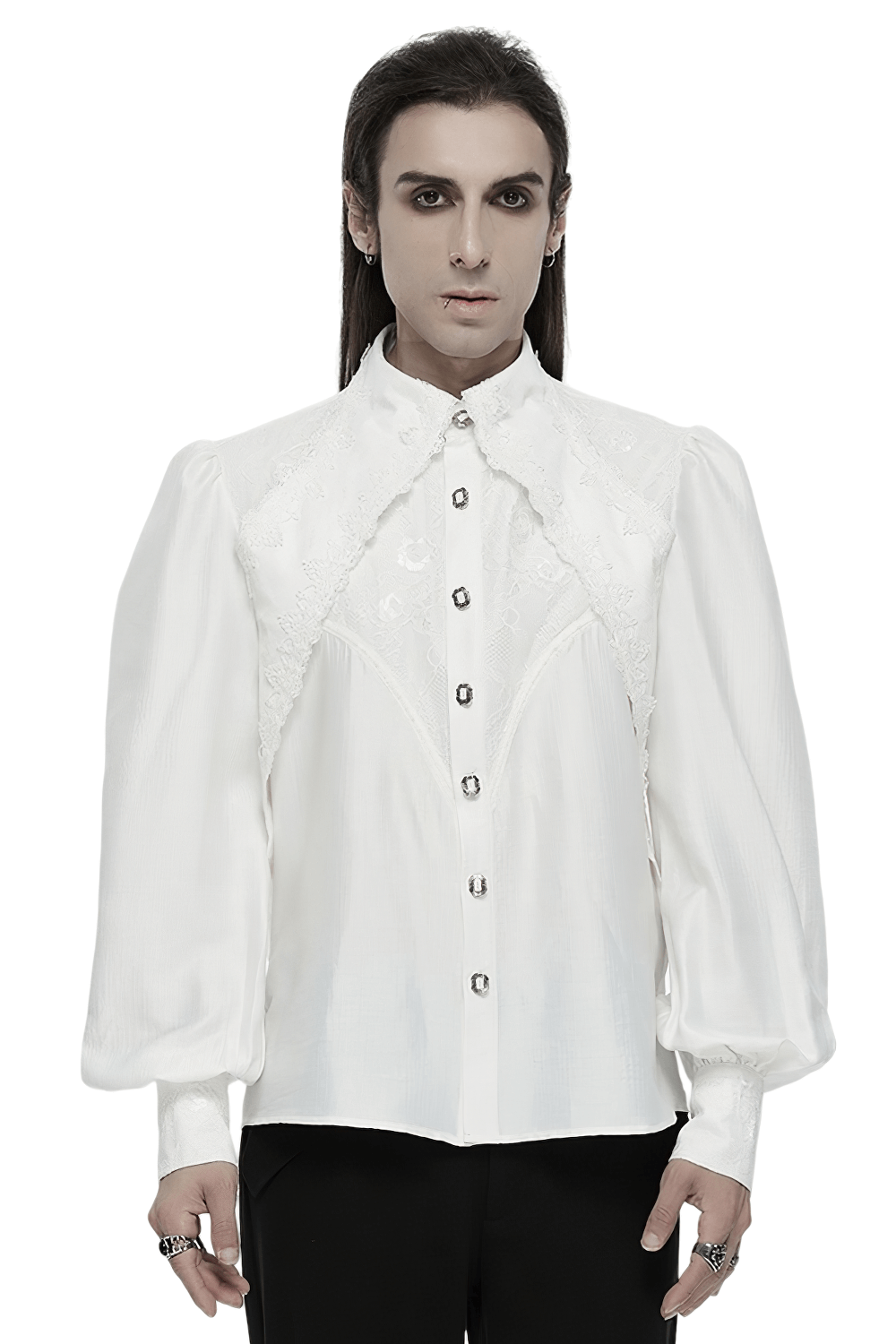 Men's Gothic Lace Button-Up Shirt with Layered Sleeves
