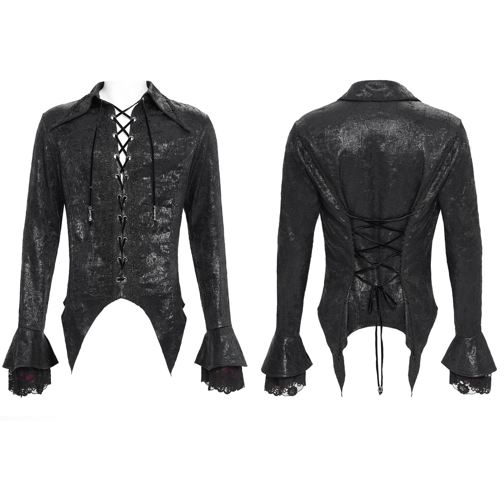 Men's Gothic Lace-Up Shirt with Ruffled Cuffs and Tail Hem