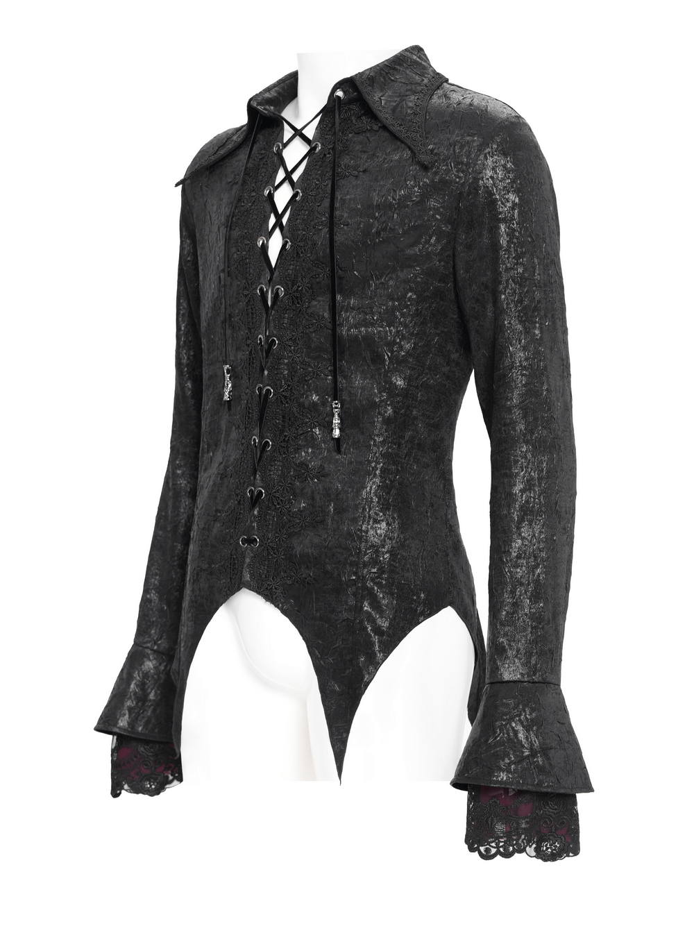 Men's Gothic Lace-Up Shirt with Ruffled Cuffs and Tail Hem