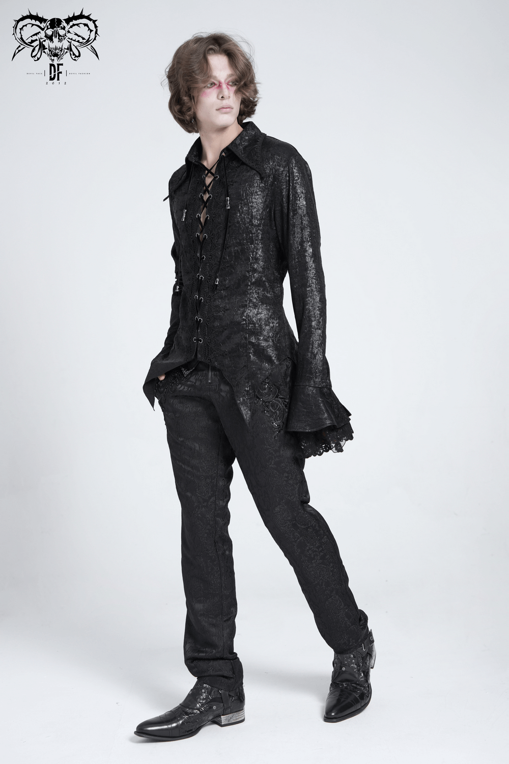 Men's Gothic Lace-Up Shirt with Ruffled Cuffs and Tail Hem