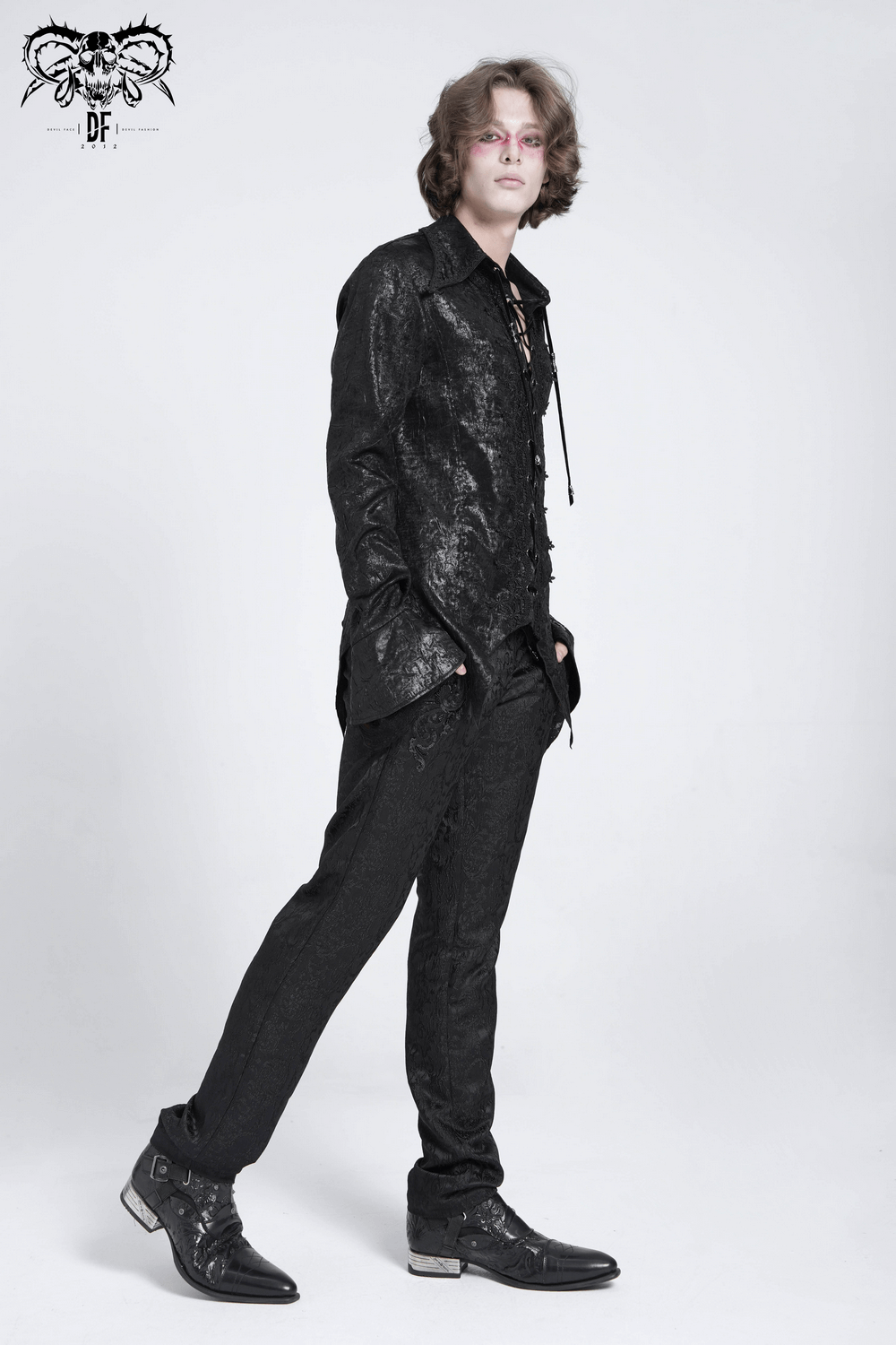 Men's Gothic Lace-Up Shirt with Ruffled Cuffs and Tail Hem