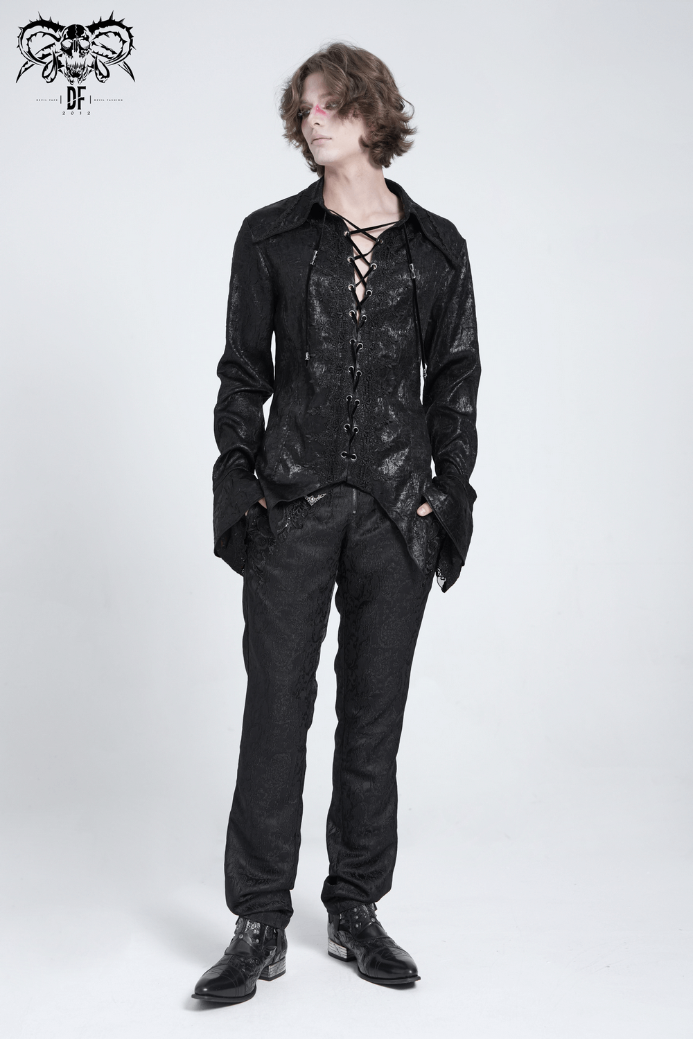 Men's Gothic Lace-Up Shirt with Ruffled Cuffs and Tail Hem