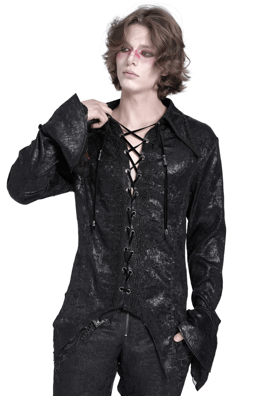 Men's Gothic Lace-Up Shirt with Ruffled Cuffs and Tail Hem