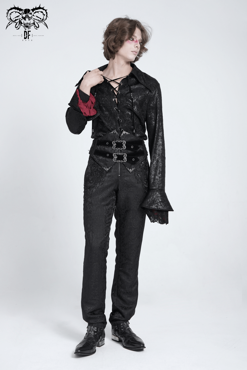 Men's Gothic Lace-Up Shirt with Ruffled Cuffs and Tail Hem