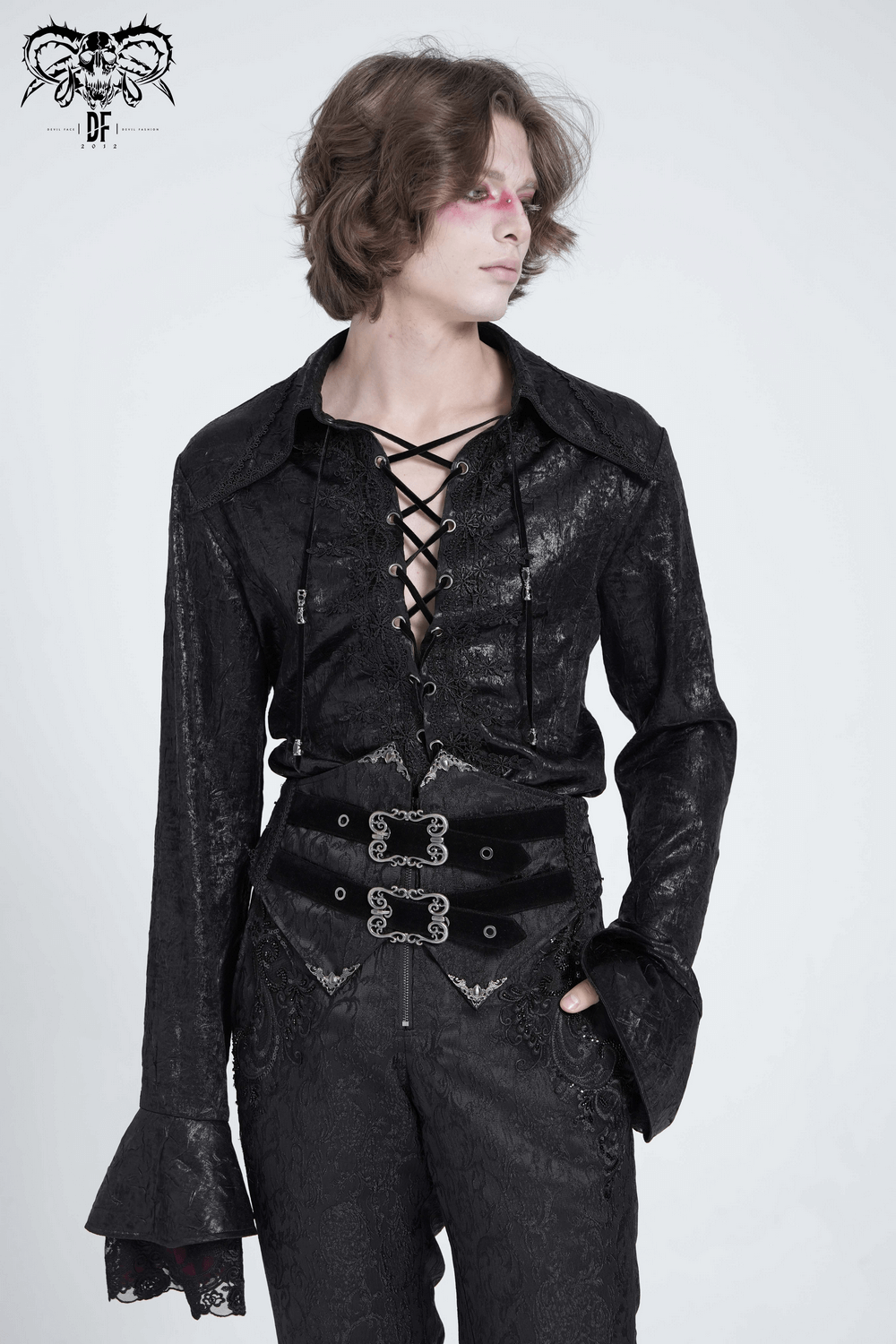 Men's Gothic Lace-Up Shirt with Ruffled Cuffs and Tail Hem