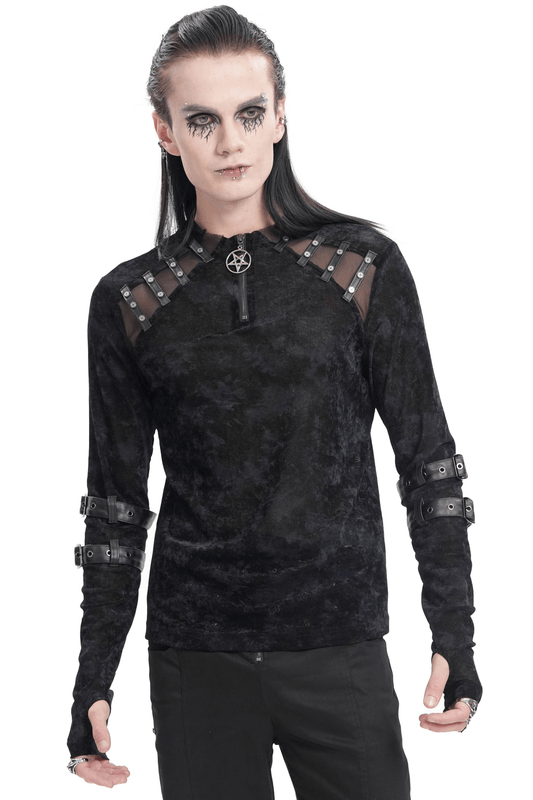 Men's Gothic Long-Sleeved Top with Pentagram Pendant