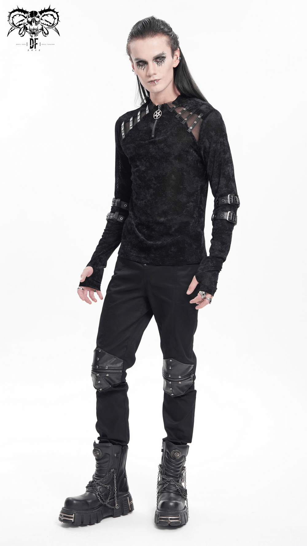 Men's Gothic Long-Sleeved Top with Pentagram Pendant