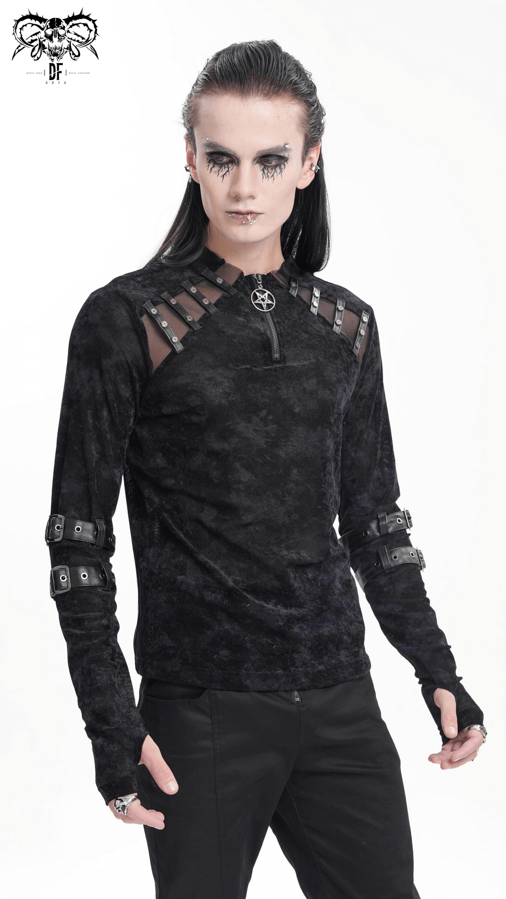 Men's Gothic Long-Sleeved Top with Pentagram Pendant