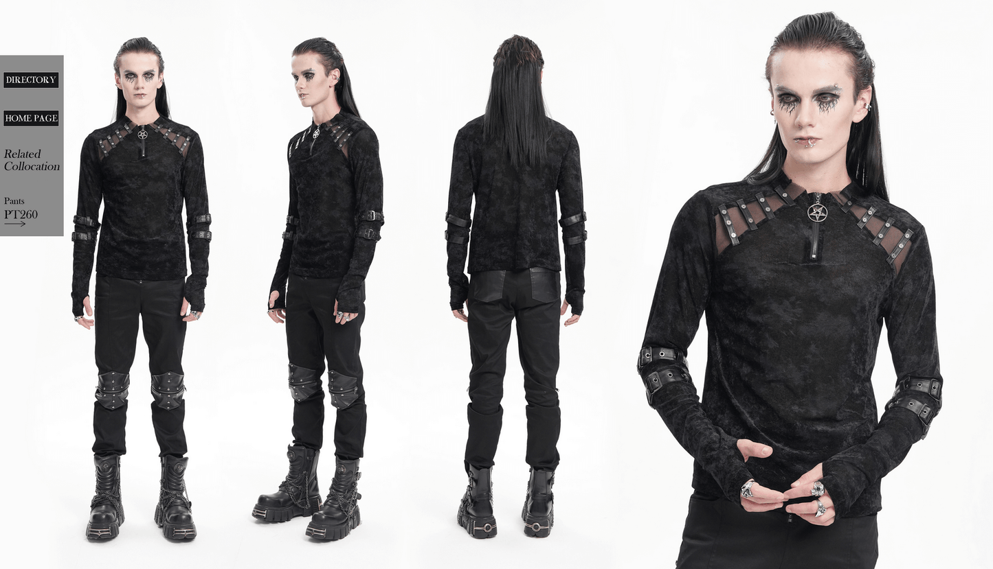 Men's Gothic Long-Sleeved Top with Pentagram Pendant