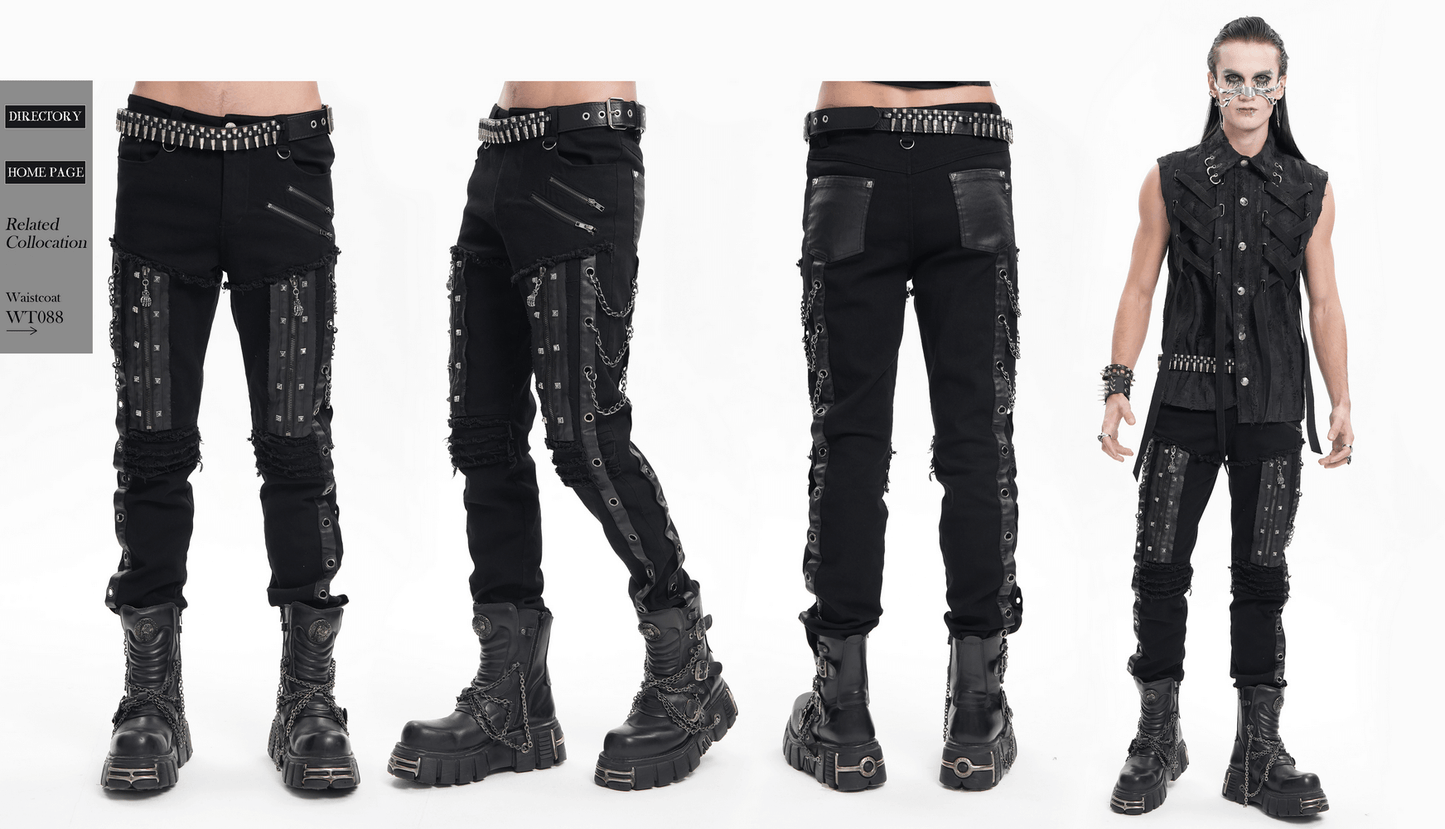 Men's Gothic Punk Chain and Zipper Slim Fit Pants