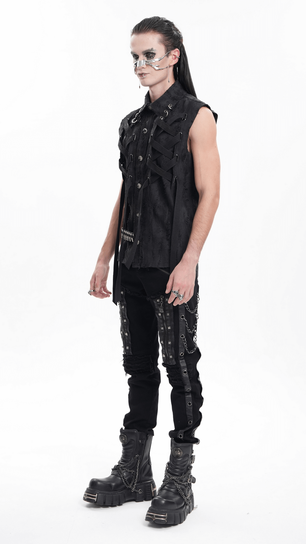 Men's Gothic Punk Sleeveless Shirt with Lace-Up Design