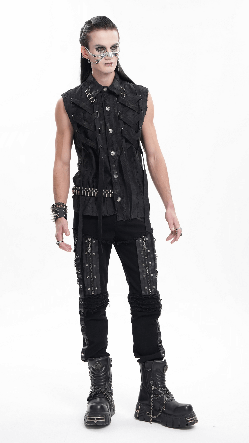 Men's Gothic Punk Sleeveless Shirt with Lace-Up Design