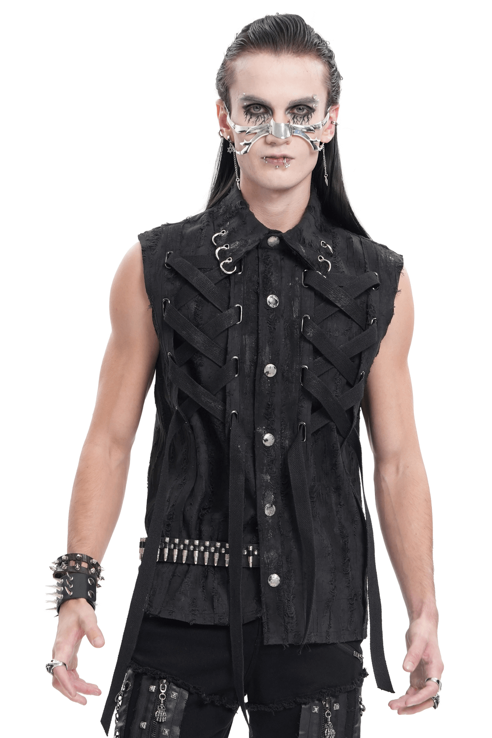 Men's Gothic Punk Sleeveless Shirt with Lace-Up Design