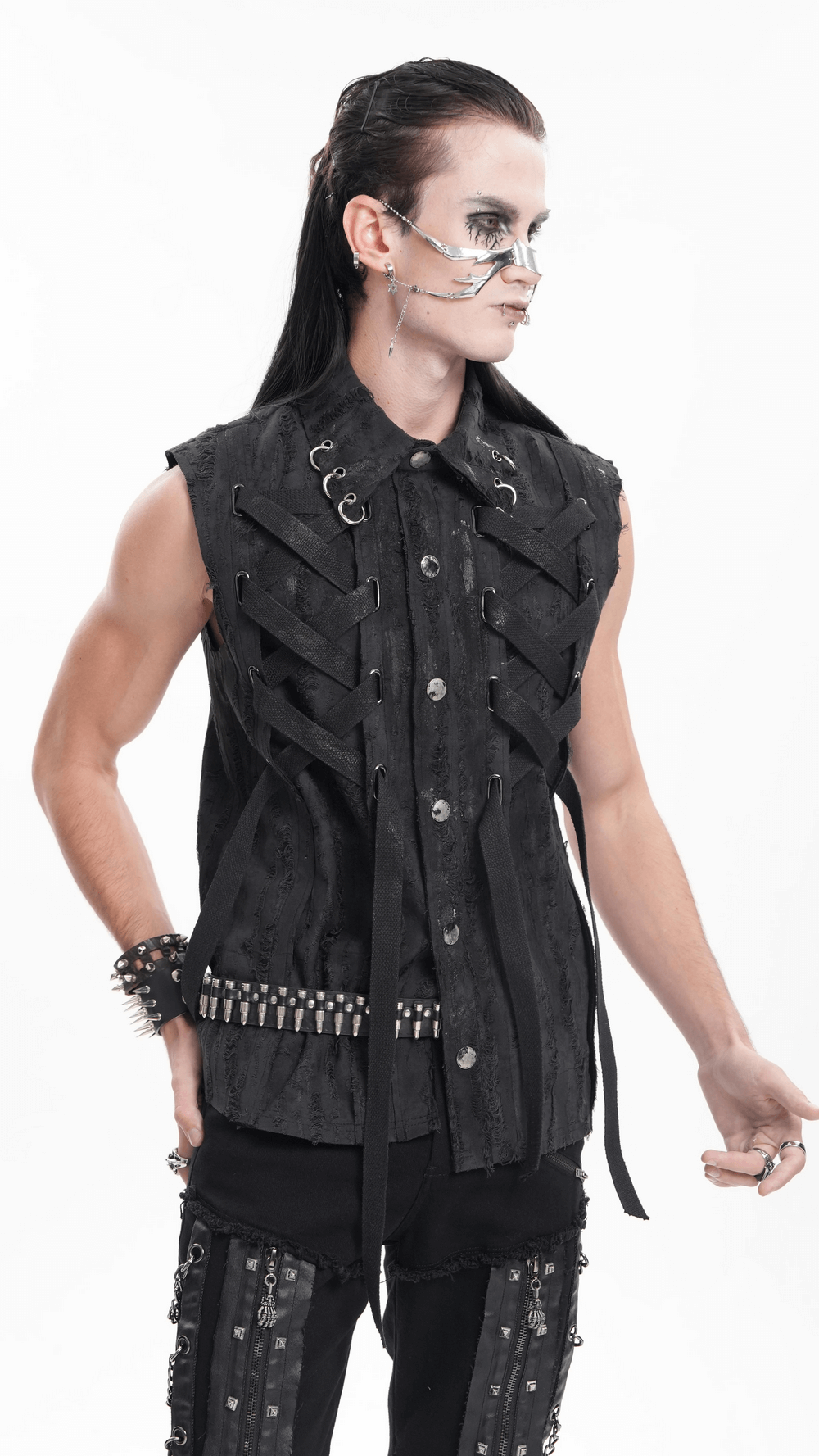 Men's Gothic Punk Sleeveless Shirt with Lace-Up Design