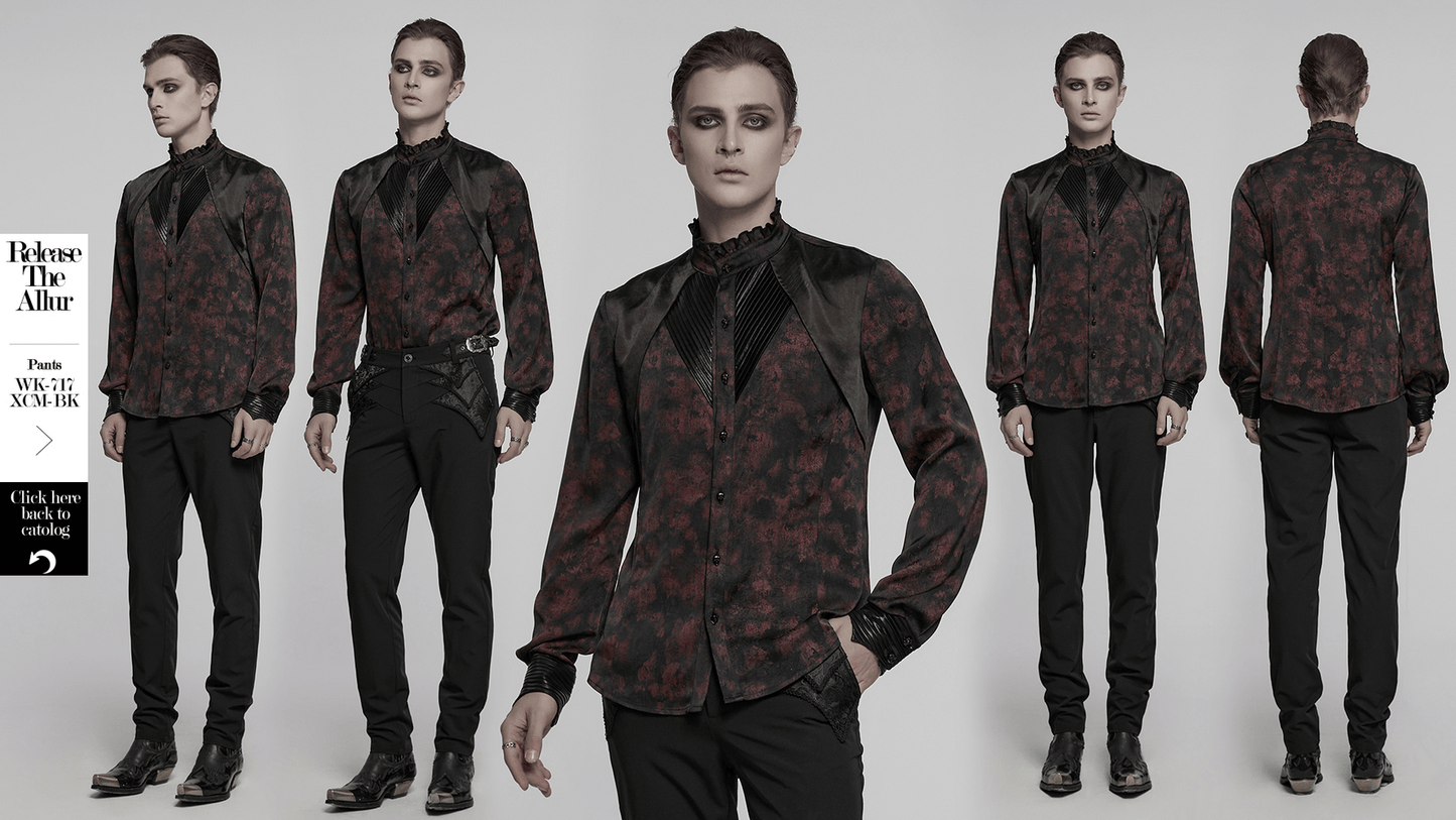 Men's Gothic Shirt with Pleated Collar and Leather Trim