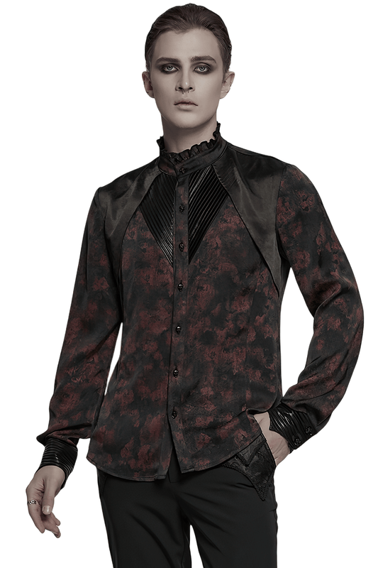 Men's Gothic Shirt with Pleated Collar and Leather Trim