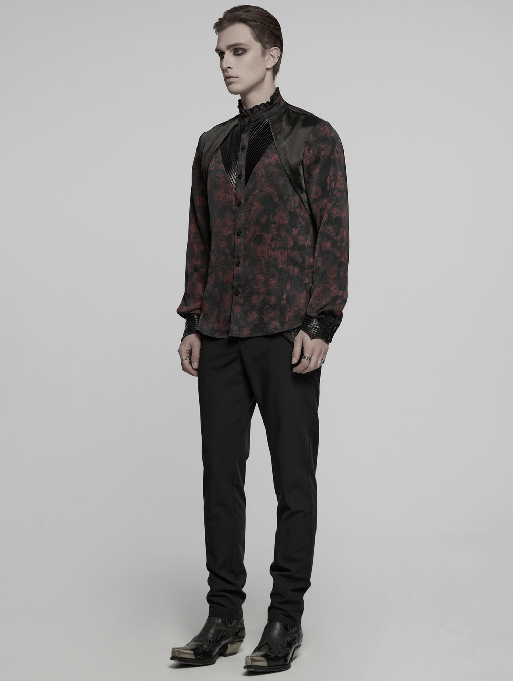 Men's Gothic Shirt with Pleated Collar and Leather Trim