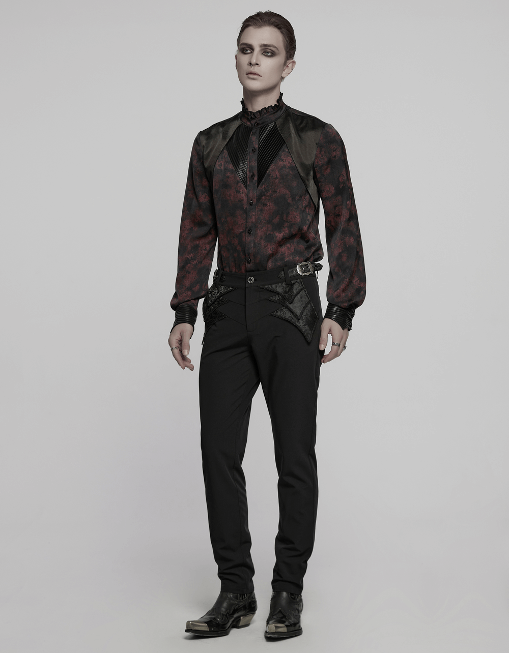 Men's Gothic Shirt with Pleated Collar and Leather Trim