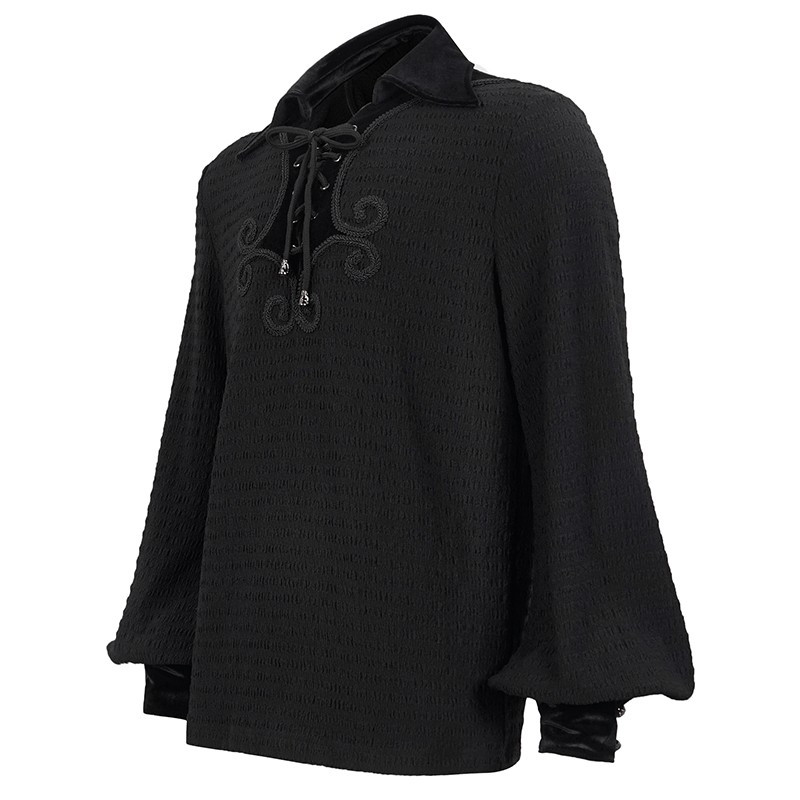 Men's Gothic Strappy Puff Sleeved Shirt / Male Turn-Down Collar Loose Shirt with Lace up