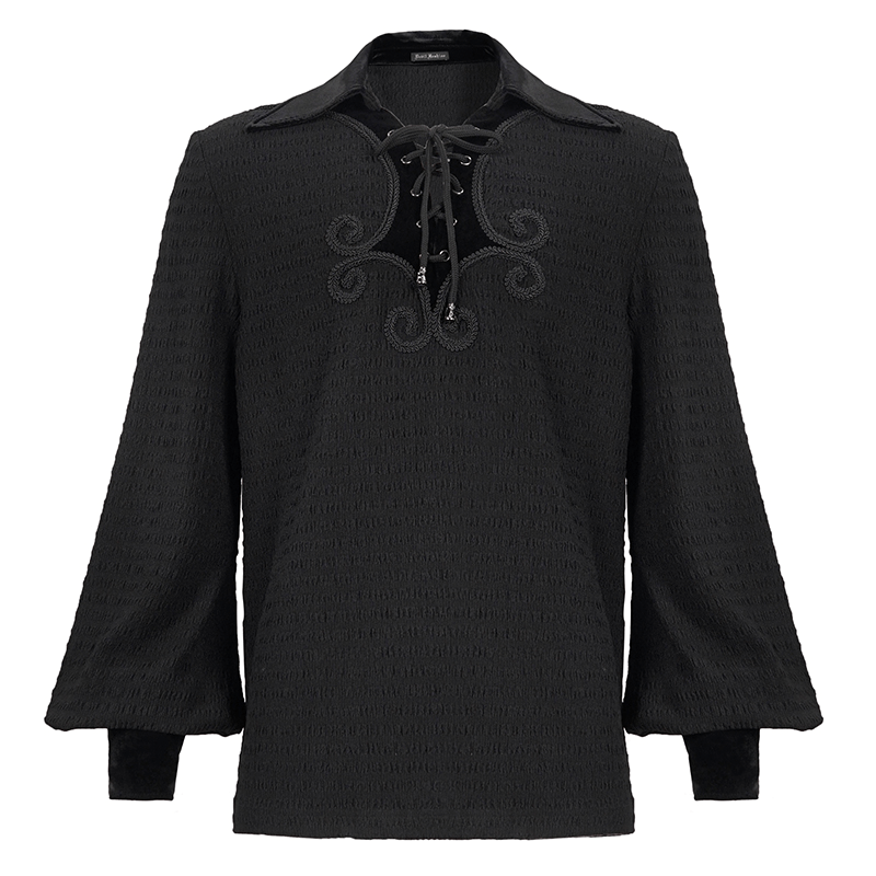Men's Gothic Strappy Puff Sleeved Shirt / Male Turn-Down Collar Loose Shirt with Lace up