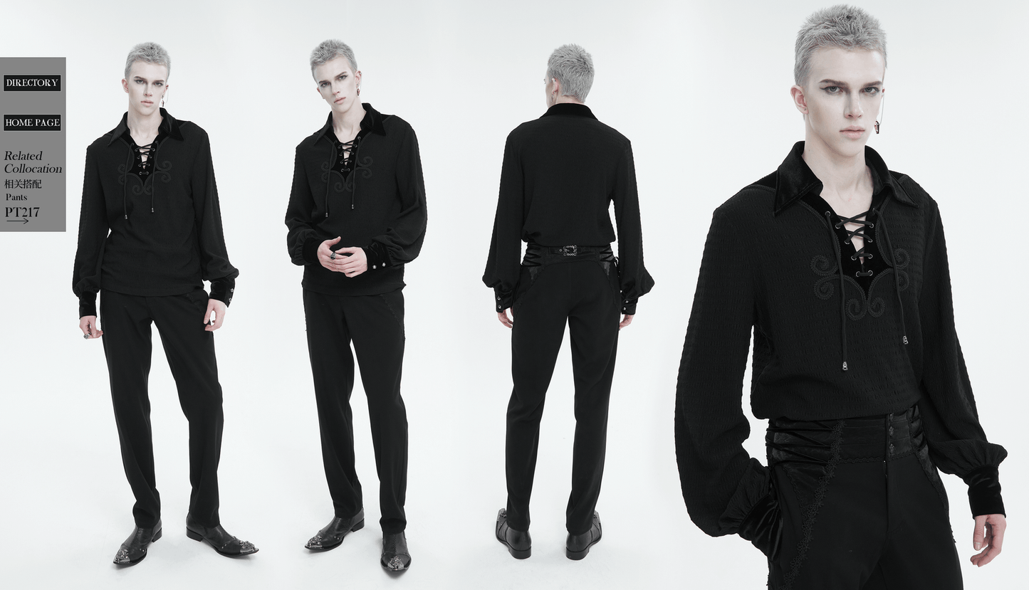 Men's Gothic Strappy Puff Sleeved Shirt / Male Turn-Down Collar Loose Shirt with Lace up