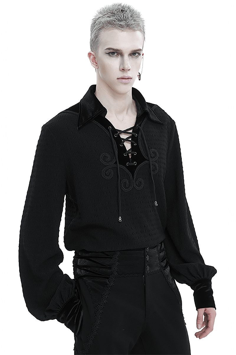 Men's Gothic Strappy Puff Sleeved Shirt / Male Turn-Down Collar Loose Shirt with Lace up
