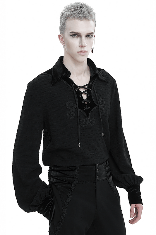 Men's Gothic Strappy Puff Sleeved Shirt / Male Turn-Down Collar Loose Shirt with Lace up