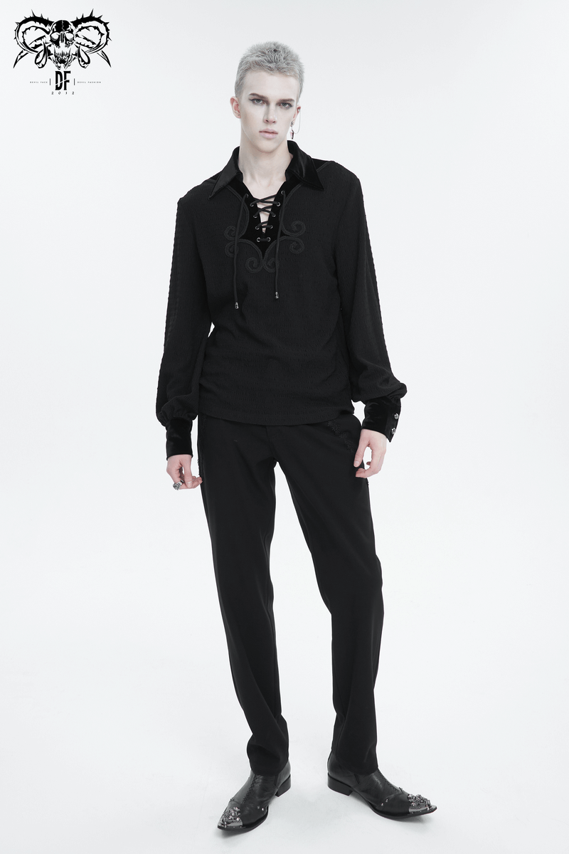 Men's Gothic Strappy Puff Sleeved Shirt / Male Turn-Down Collar Loose Shirt with Lace up