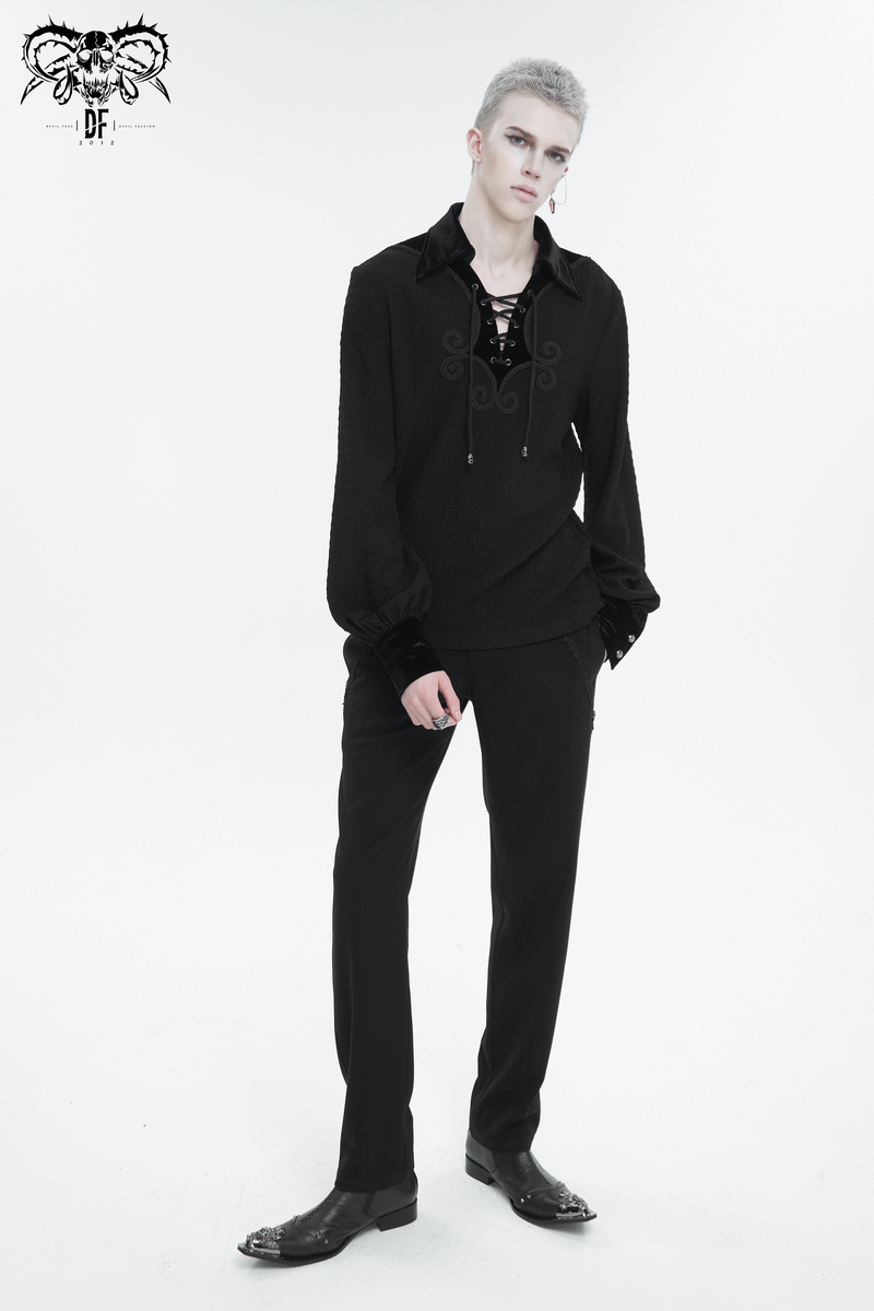 Men's Gothic Strappy Puff Sleeved Shirt / Male Turn-Down Collar Loose Shirt with Lace up