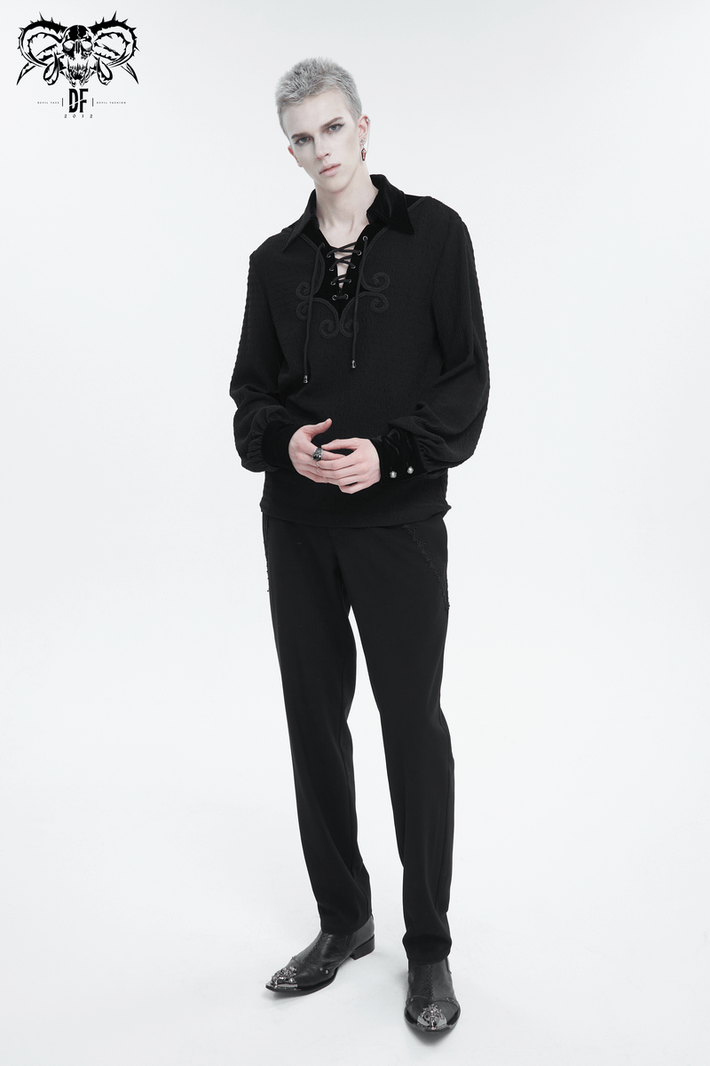 Men's Gothic Strappy Puff Sleeved Shirt / Male Turn-Down Collar Loose Shirt with Lace up