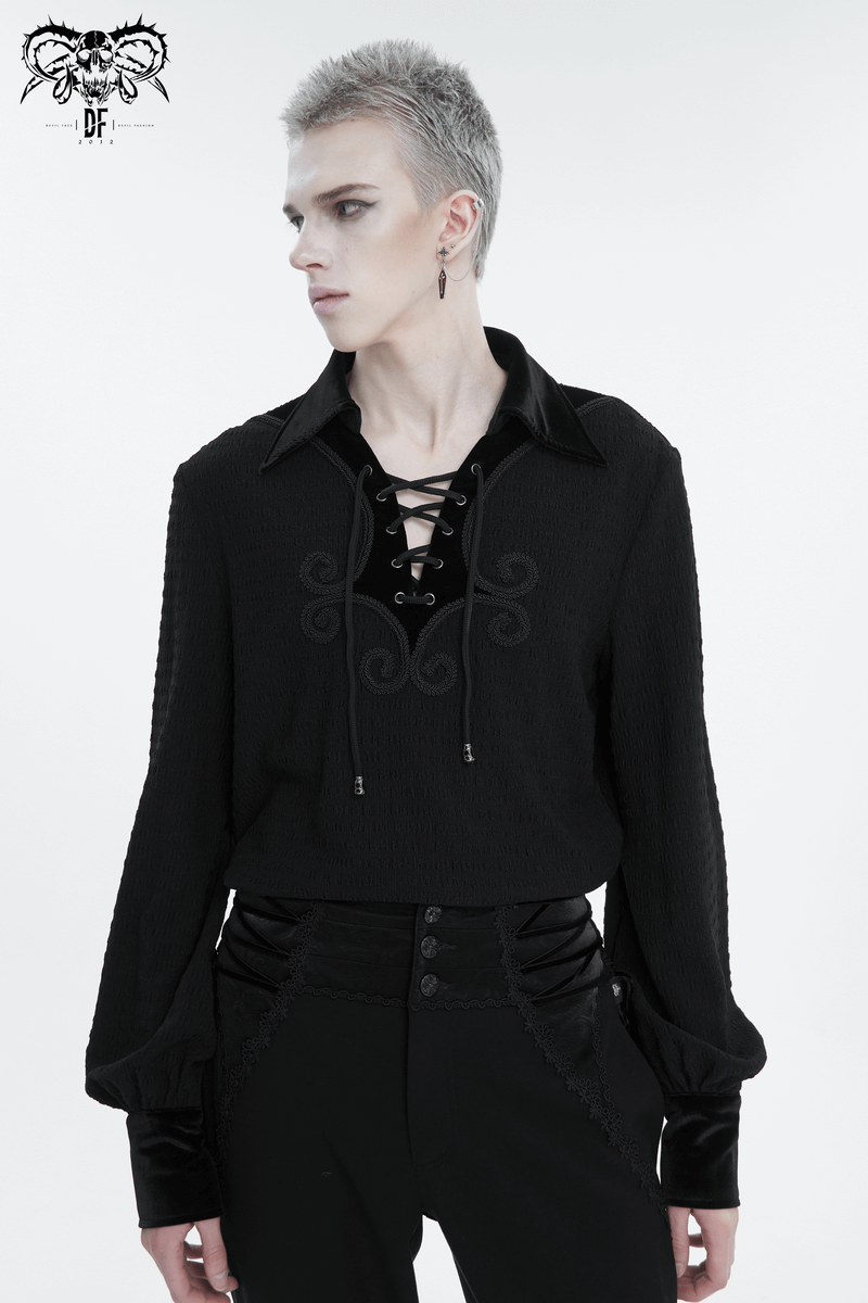 Men's Gothic Strappy Puff Sleeved Shirt / Male Turn-Down Collar Loose Shirt with Lace up