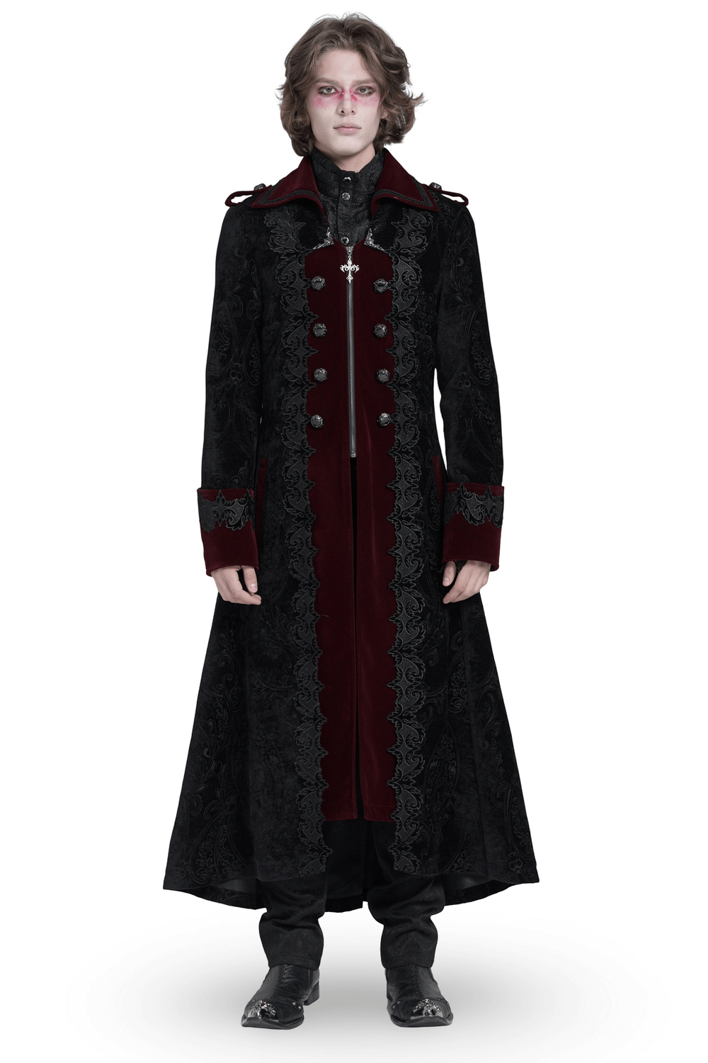 Men's Gothic Velvet Coat with WIne Red Trim and Brocade